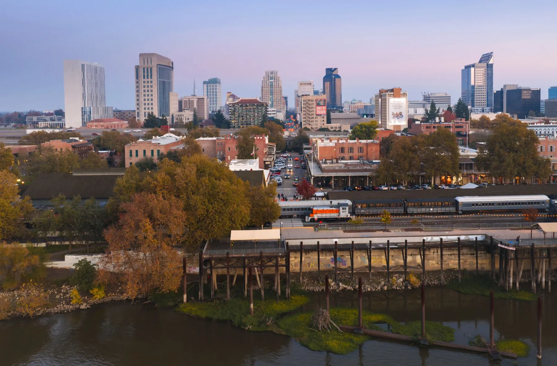 Sacramento skyline at twilight with Old Sacramento in the foreground