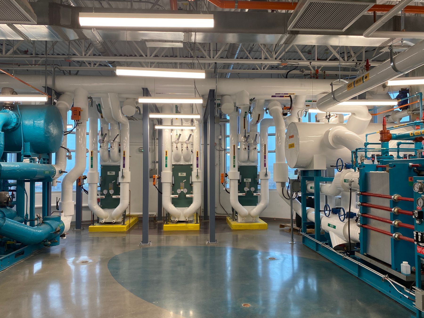 Commercial mechanical room with chillers, pumps, piping and overhead conduit