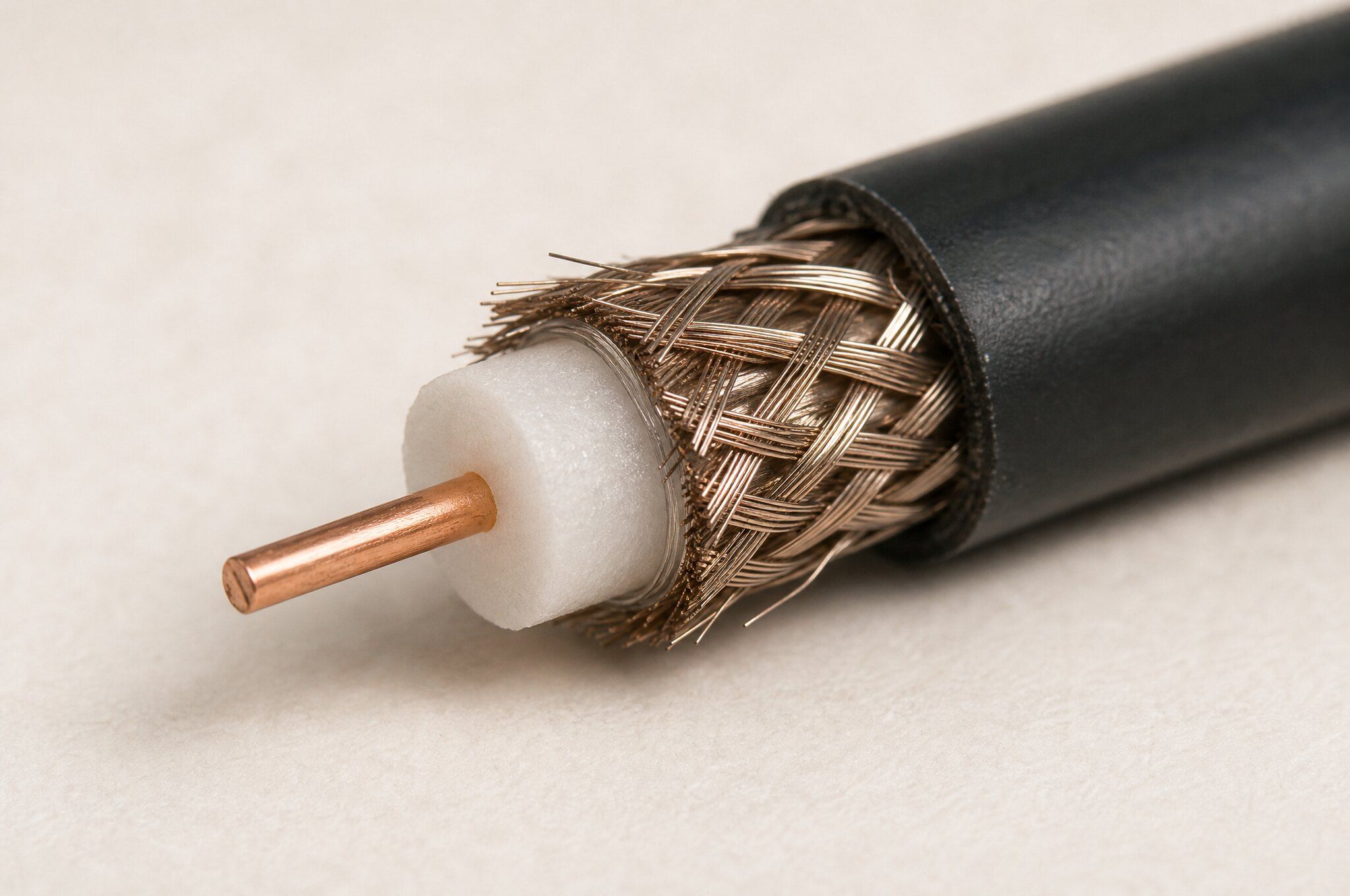 Cross section of an RG6 coaxial cable showing the center conductor, dielectric and braid