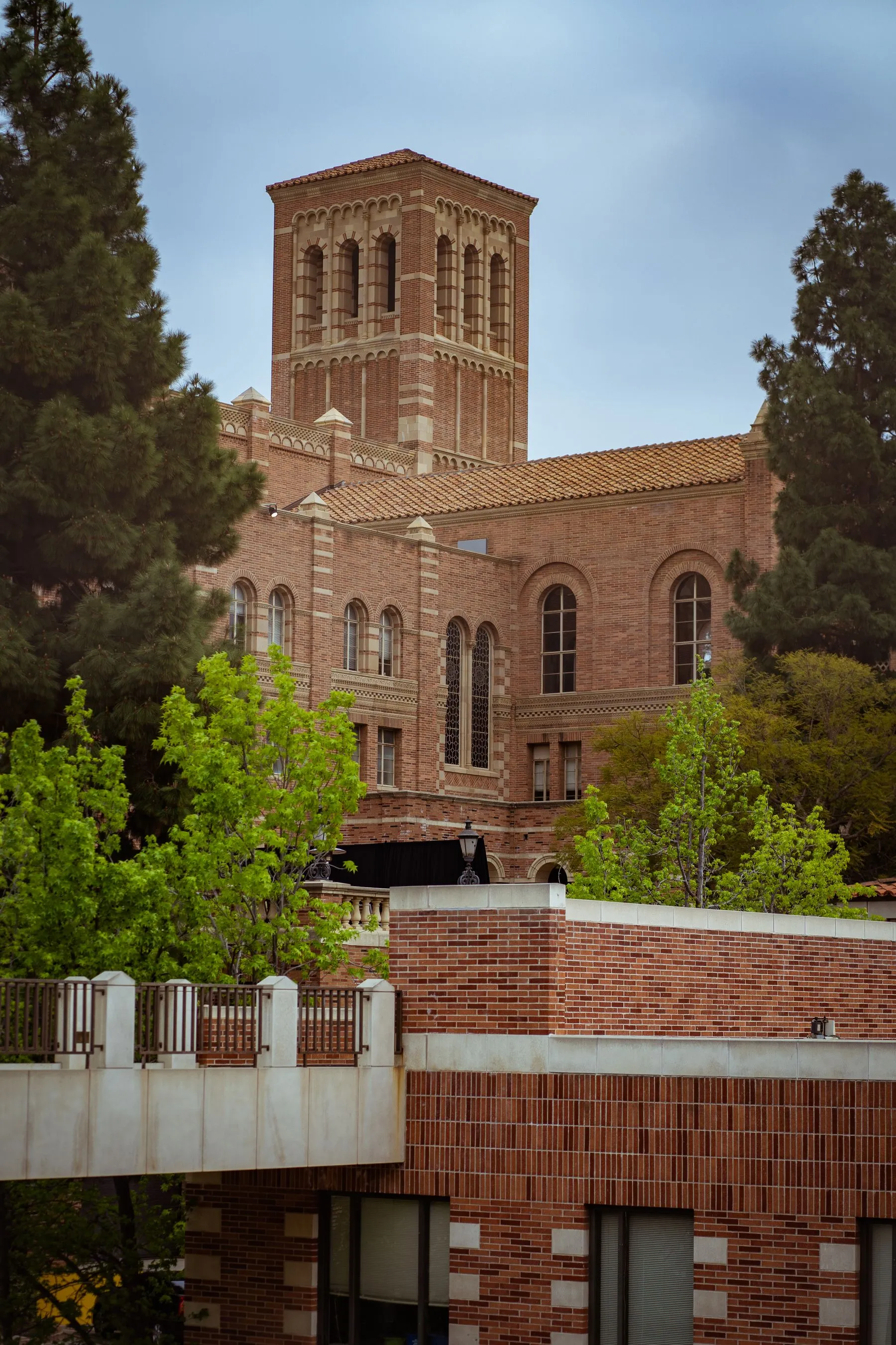 Brick university building surrounded by trees