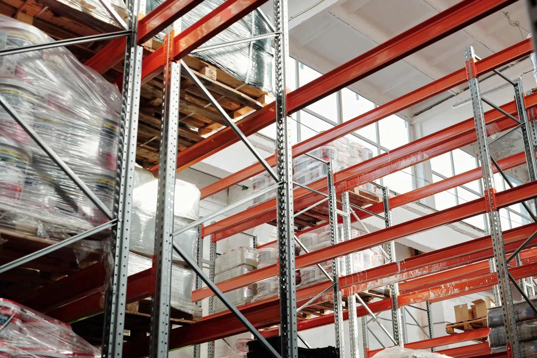Warehouse interior with tall pallet racking