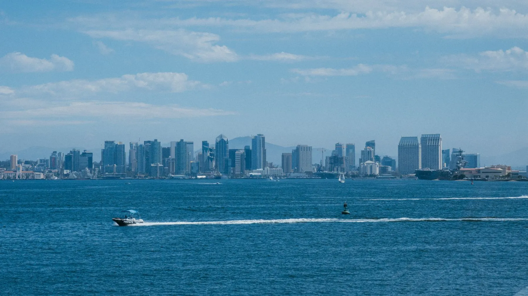 San Diego waterfront skyline with a boat on the bay