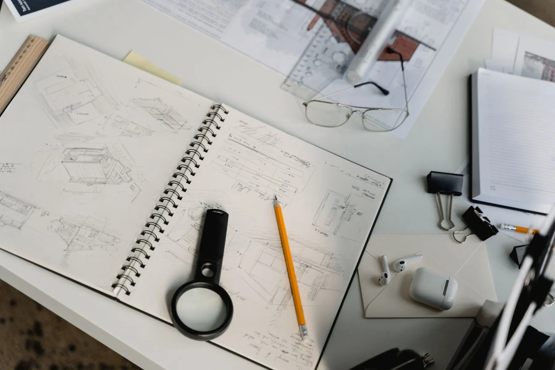 Workspace with sketches, drafting tools and a notebook