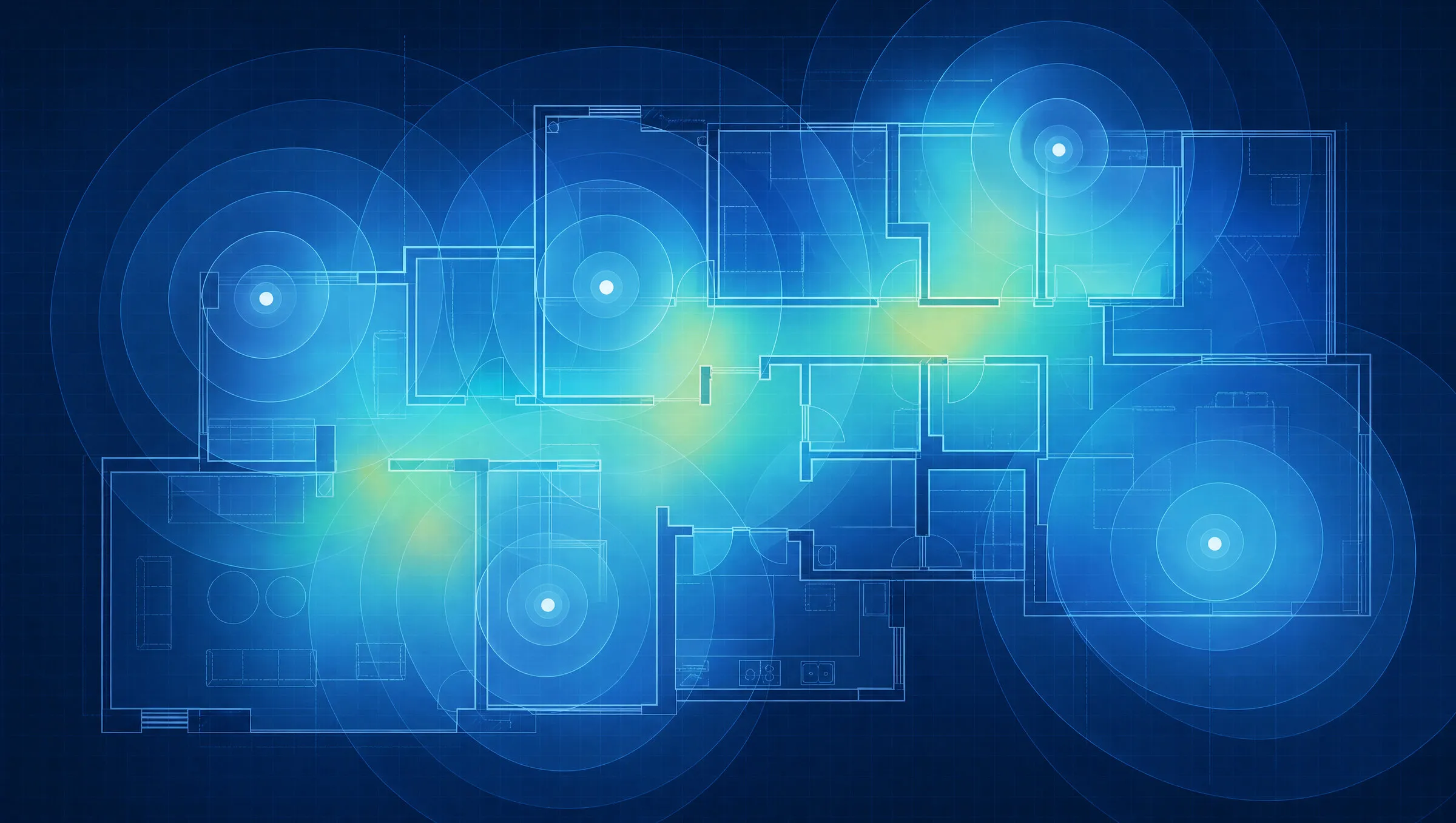 Wireless coverage heat map drawn over a building floor plan
